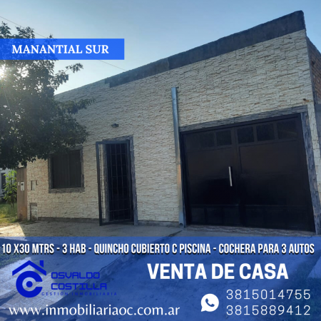 Venta de hermosa Casa 3 hab. en Manantial Sur